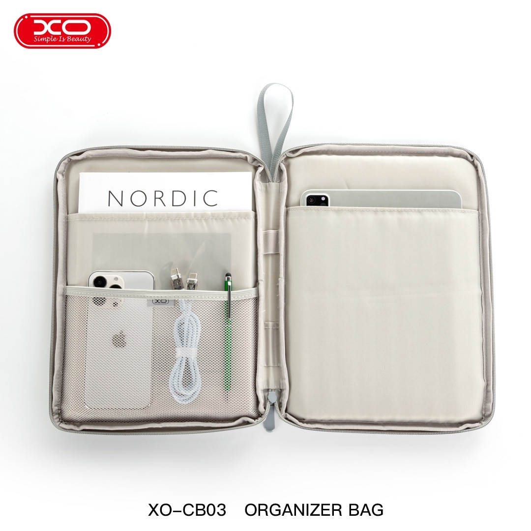Geanta pentru tableta 10.9” si accesorii, XO CB03, Captusita, Fermoar rezistent, 3 compartimente, Absorbtie socuri, gri