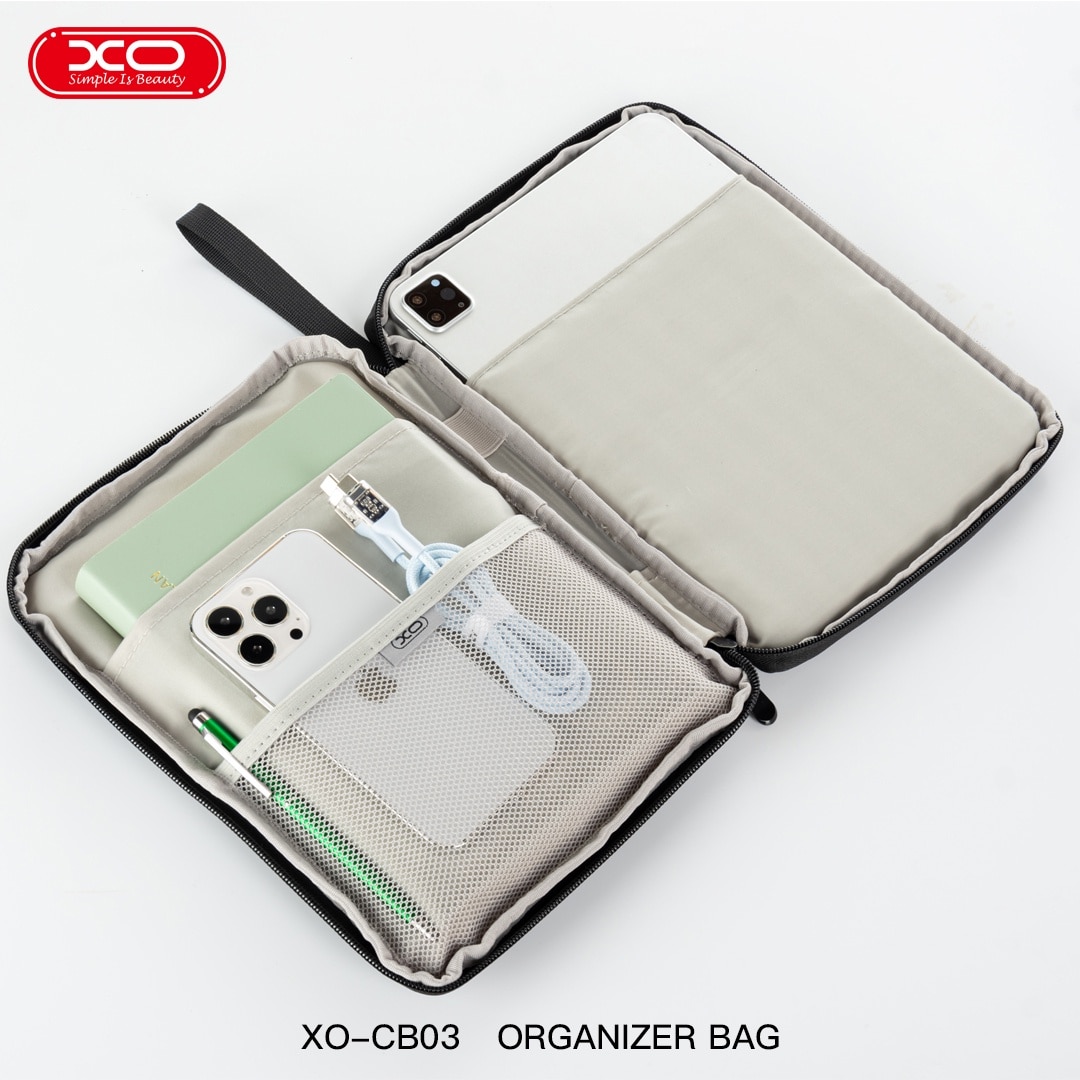 Geanta pentru tableta 10.9” si accesorii, XO CB03, Captusita, Fermoar rezistent, 3 compartimente, Absorbtie socuri, gri