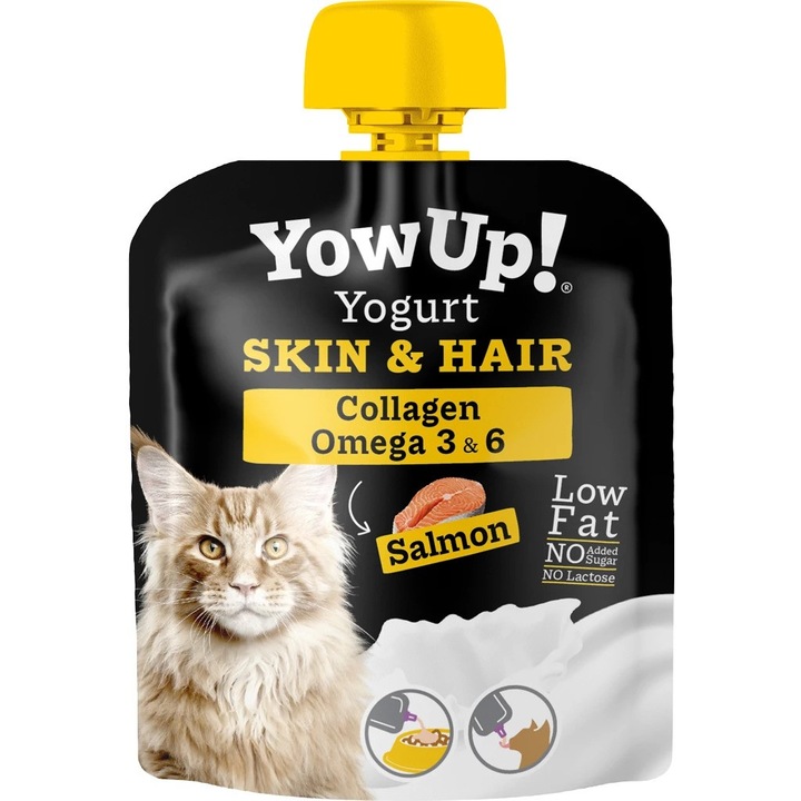 Pachet Iaurt pentru pisici YowUp Skin & Hair cu somon, fara lactoza, GMO sau zahar adaugat, 85g, 4 plicuri