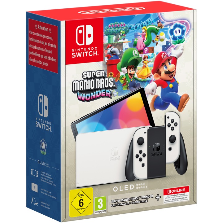 Конзола Nintendo Switch OLED, White + Игра Super Mario Bros Wonder + 12 месеца абонамент за Nintendo Switch Online