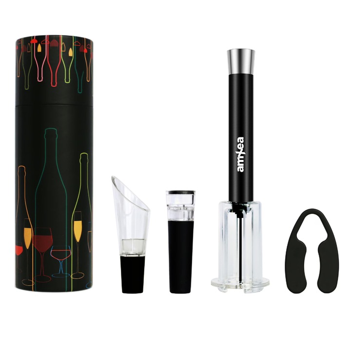 Tirbuson vin cu pompa de aer PLUS amXea Negru, accesoriu taiat folie, aerator, dop pompa vid