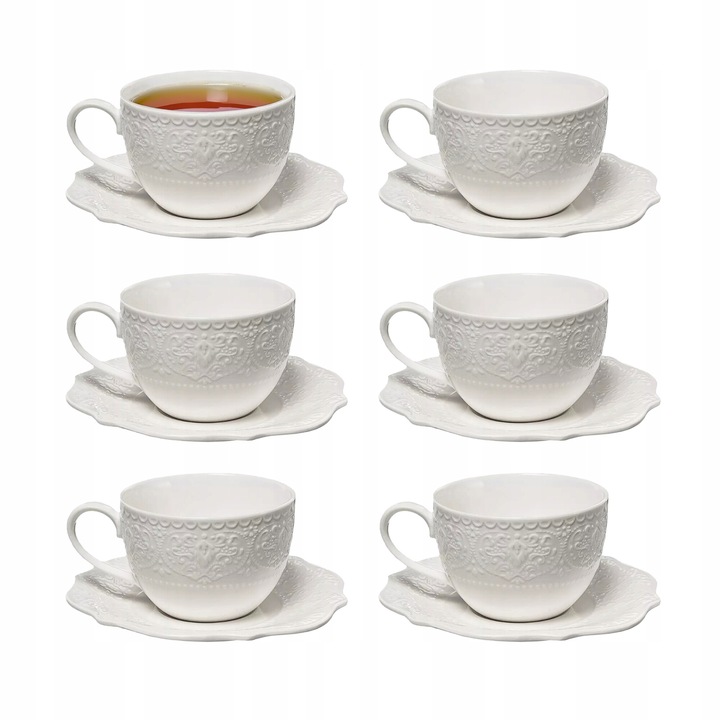 Set 6 cani cu farfurii, portelan, 310 ml, alb