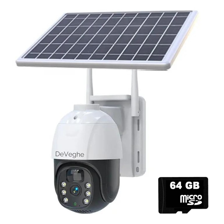 DeVeghe GS10 3MP WiFi-s térfigyelő kamera, Full HD, 7,5 W-os napelemmel, 8000mAh-s akkumulátorral, kültéri, forgatható, világítás, riasztó, mozgásérzékelés, értesítések, mikrofon, hangszóró, V380 Pro alkalmazás, fekete + 64 GB-os memóriakártya