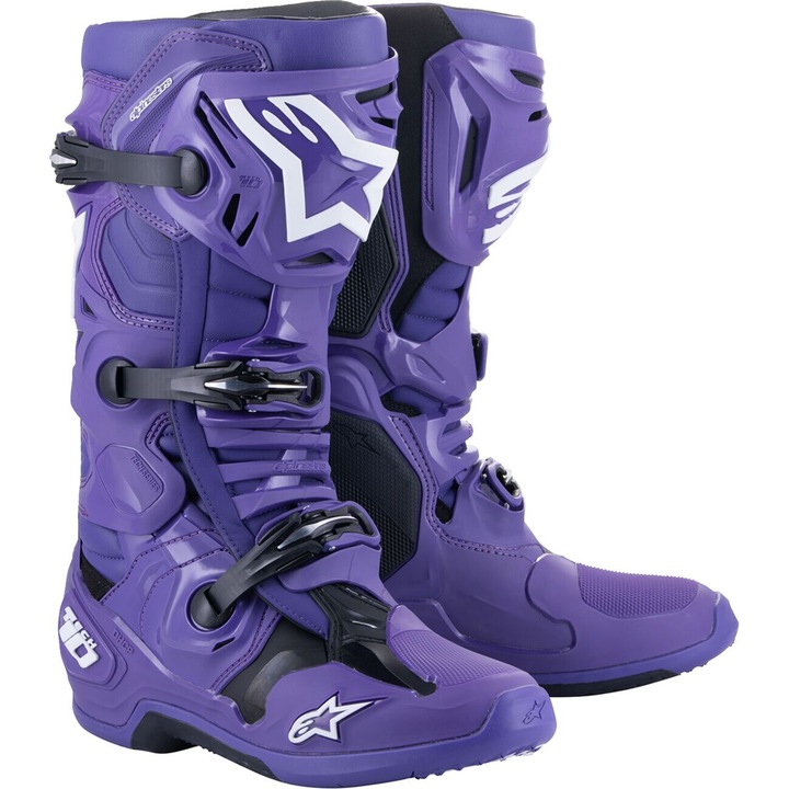 Bocanci Alpinestars Tech 10, violet/negru, marimea 8, sistem de prindere mecanic, protectie ergonomica