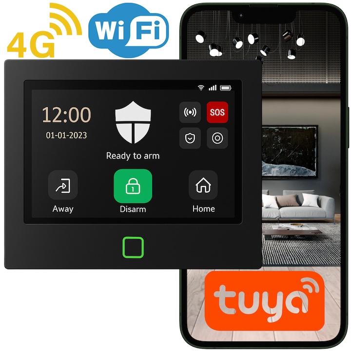 Sistem de alarma wireless inteligent Spreest®, H700 WiFi + GSM 4G, aplicatie Tuya Smart, ecran tactil 7”, notificari SMS si apel vocal, suport senzori 433MHz, 8 zone cablate NO/NC, baterie 5000 mAh backup 24h, sirena 115 dB, control de la distanta, Negru