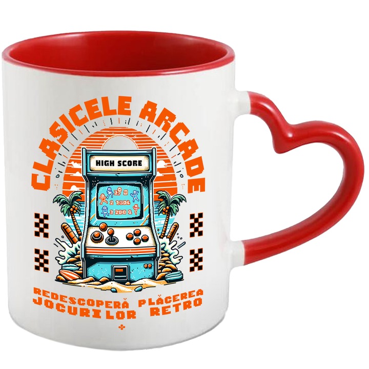 Klasszikus Arcade bögre. Fedezze fel újra a videojátékok élvezetét Vintige Childhood Old Generation, 330 ml, kerámia, piros szív fogantyúval