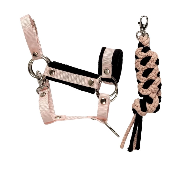 Set capastru/franghie impletita pentru cal de jucarie, Super Hobby Horse, 73cm x 2cm, 70cm x 2cm, negru/roz, bumbac