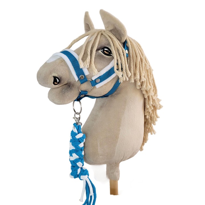 Set capastru/franghie impletita pentru cal de jucarie, Super Hobby Horse, textil, 1.5cm x 73cm, alb-turcoaz