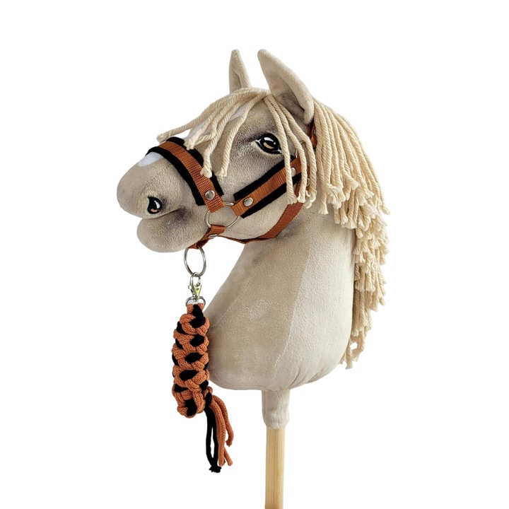 Set capastru/franghie impletita pentru cal de jucarie, Super Hobby Horse, 73cm x 2cm, 70cm x 2cm, textil, negru/portocaliu