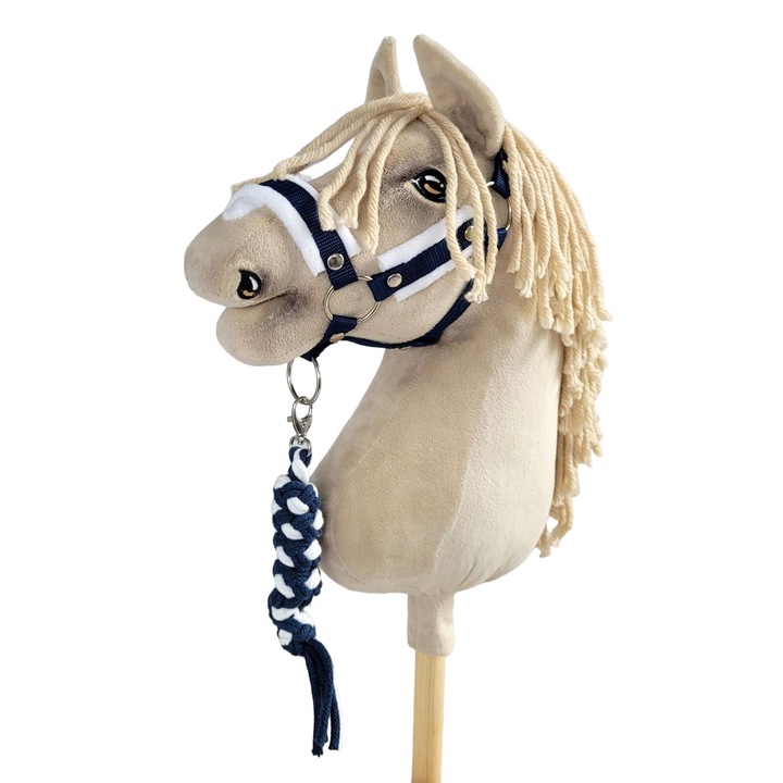 Set capastru/franghie impletita pentru cal de jucarie, Super Hobby Horse, textil, 1.5cm x 73cm, albastru/alb