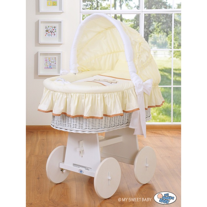 Mózeskosár baldachinnal, My Sweet Baby, fehér, krém, 98x65x130cm, szett hímzett ágyneművel