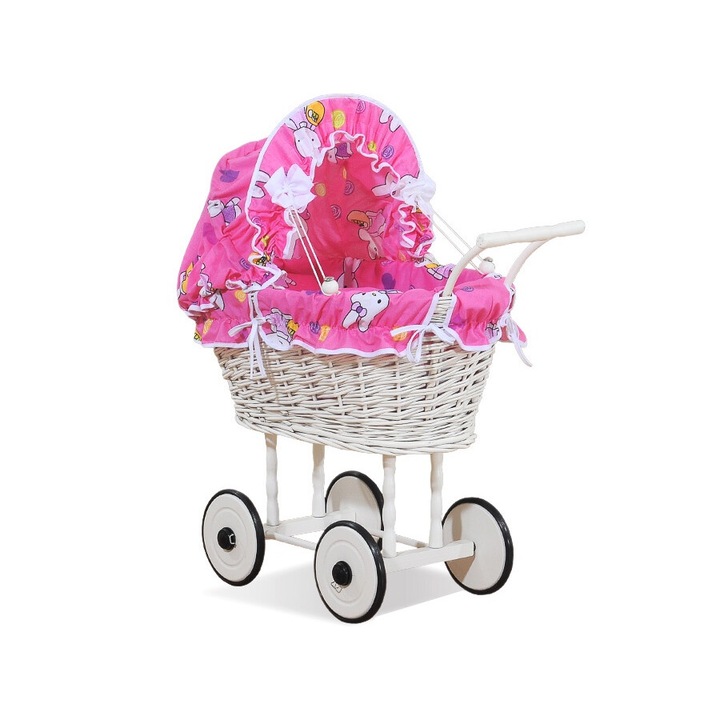 Carucior pentru papusi, My Sweet Baby, ratan natural, roz, 50x32x69cm