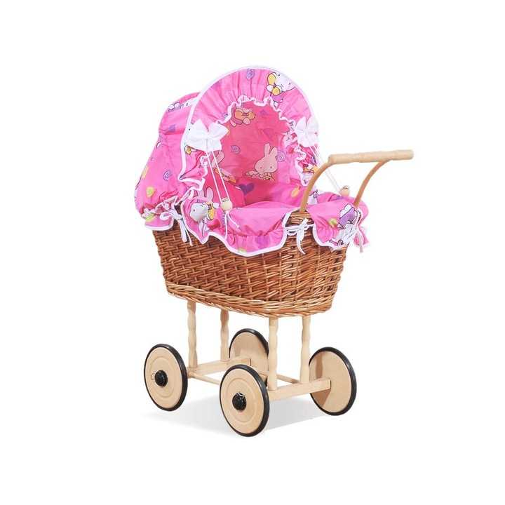Carucior pentru papusi, My Sweet Baby, ratan natural, roz/maro, 50x32x69cm