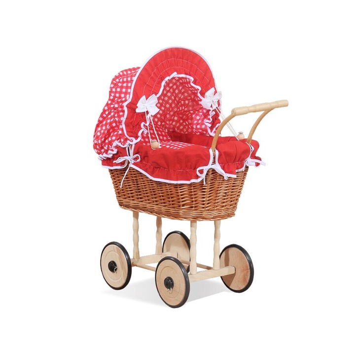 Carucior pentru papusi, My Sweet Baby, ratan natural, rosu/maro, 50x32x69cm