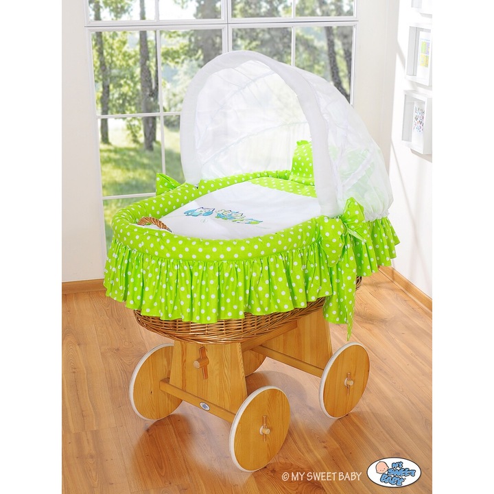 Mózeskosár tetővel, My Sweet Baby, natúr + zöld-fehér ágynemű hímzéssel, 98x65x130cm, 80x45cm
