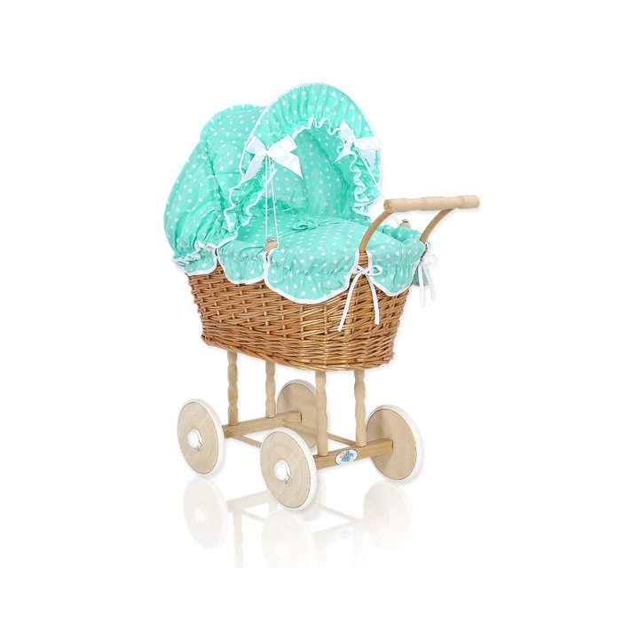 Carucior pentru papusi, My Sweet Baby, ratan natural, maro/albastru, 50x32x69cm