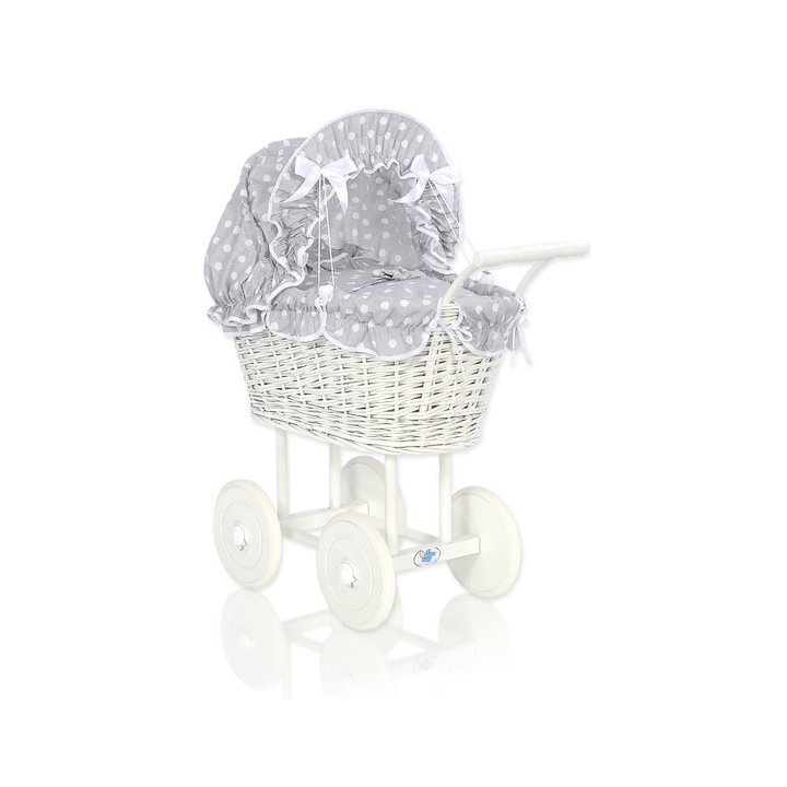 Carucior pentru papusi, My Sweet Baby, ratan natural, gri/alb, 50x32x69cm