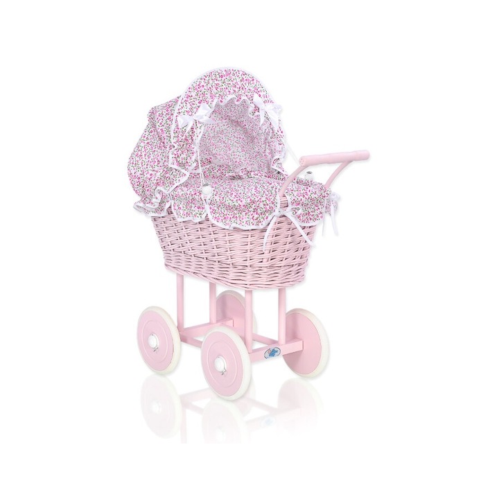 Carucior pentru papusi, My Sweet Baby, ratan natural, roz, 50x32x69cm