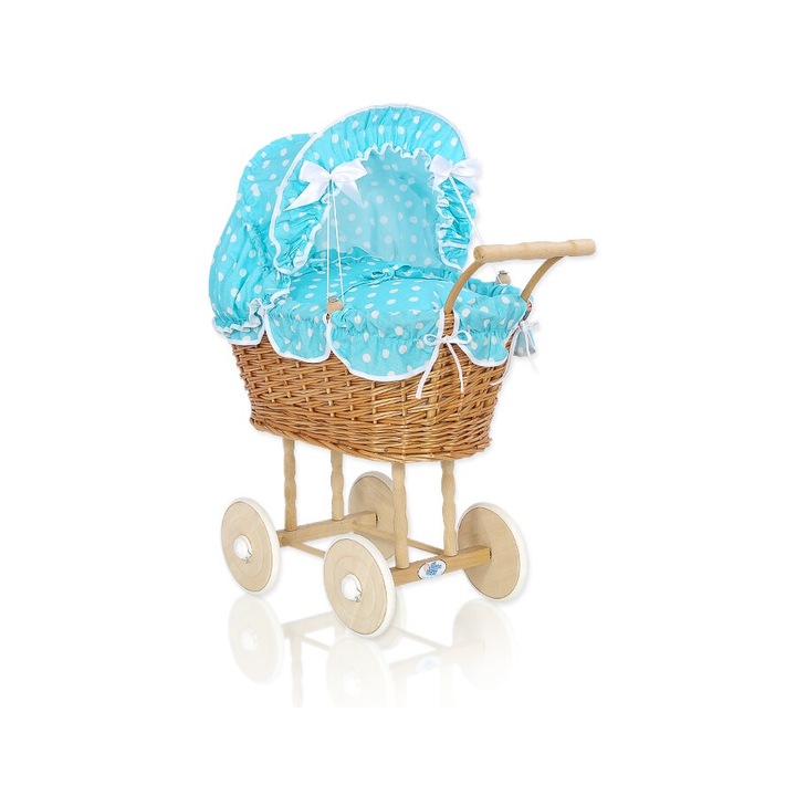 Carucior pentru papusi, My Sweet Baby, ratan natural, maro/turcoaz, 50x32x69cm