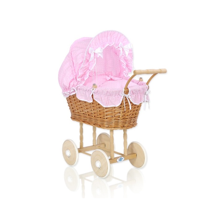 Carucior pentru papusi, My Sweet Baby, ratan natural, maro/roz, 50x32x69cm