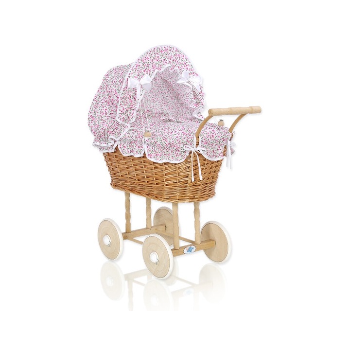 Carucior pentru papusi, My Sweet Baby, ratan natural, roz/maro, 50x32x69cm