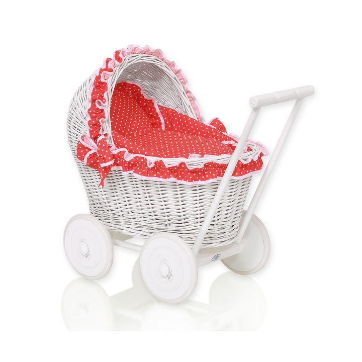 Babakocsi, My Sweet Baby, természetes rattan, piros/fehér 48x31x51cm