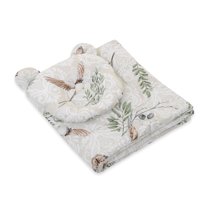 Комплект за бебе My Sweet Baby, с профилирана възглавница, 27x25см и одеяло 77x77см, с птички, бежово/зелено