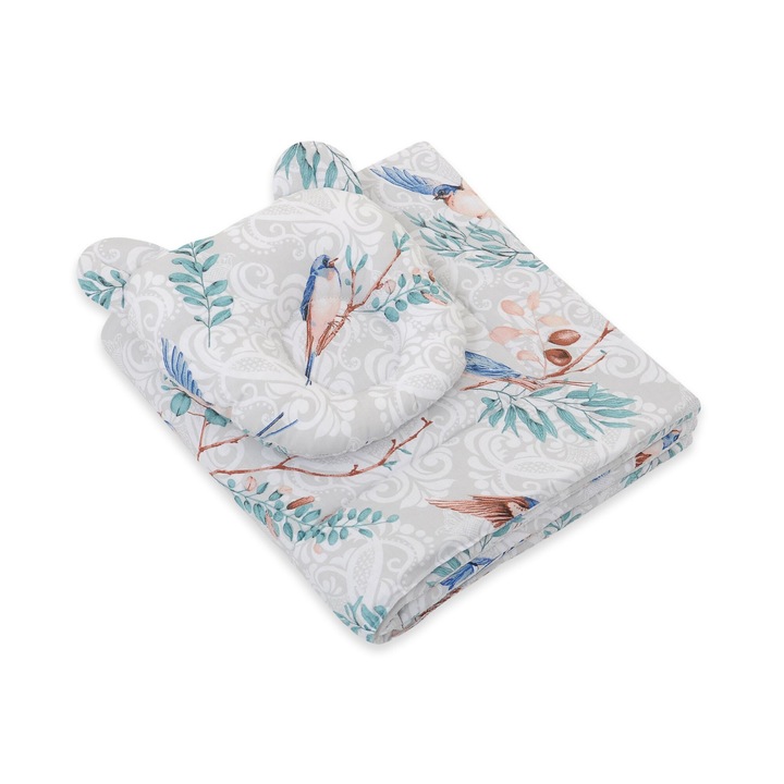 Комплект завивка за бебе My Sweet Baby, с профилирана възглавница, 27x25см и одеяло 77x77см, със сини птици