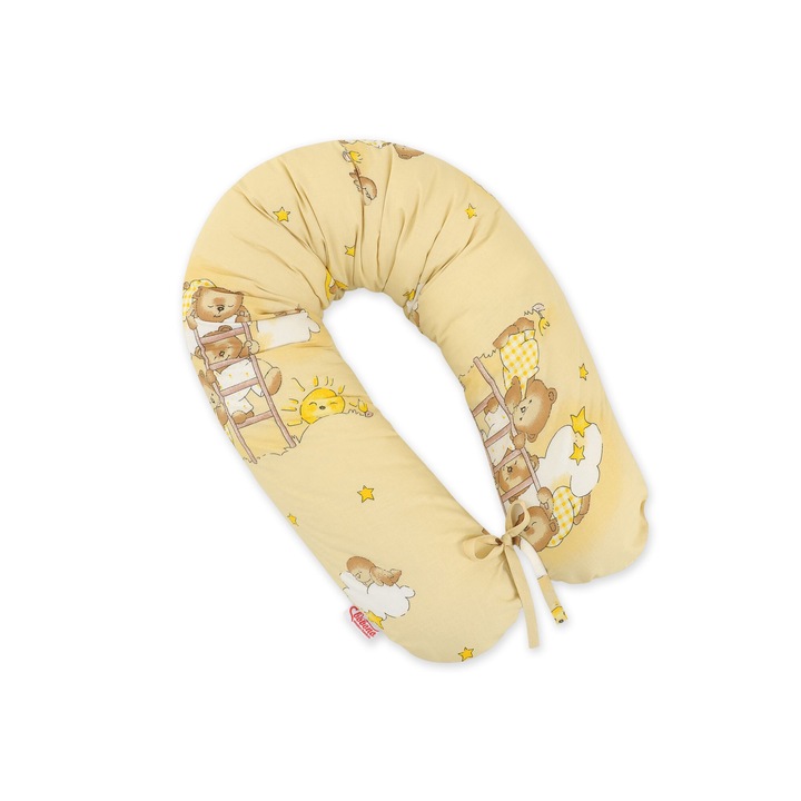Perna de sarcina Bobono Longer, galbena cu ursuleti, 170cm, multifunctionala, pentru somn si alaptare