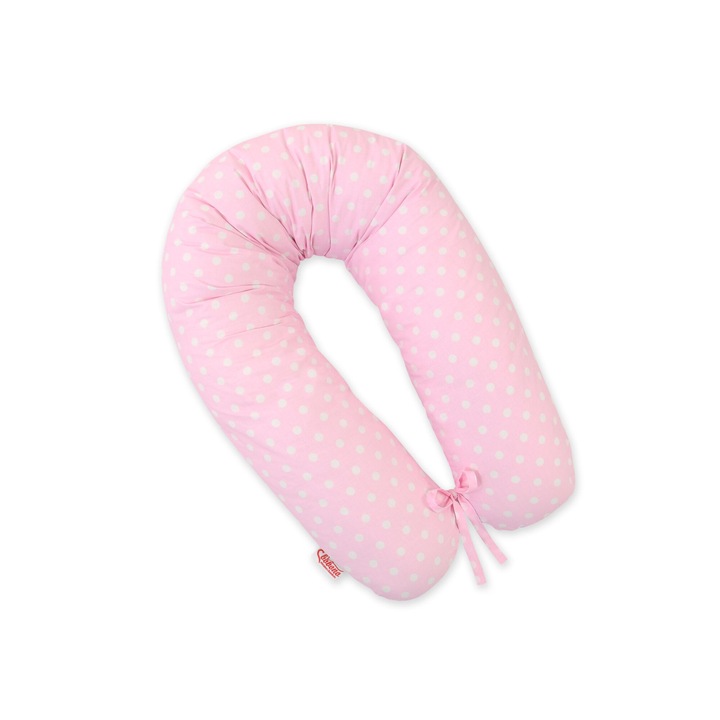 Възглавница за бременност Bobono, мултифункционална, 170 см, OekoTex сертифициран памук, розова на бели точки