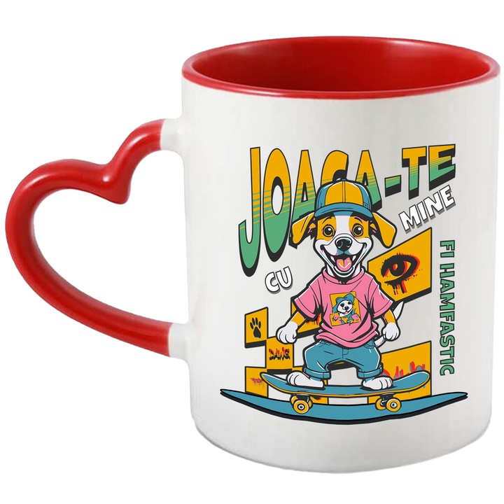 Cana caine cool pe skateboard joaca -te cu mine haios iubitorii de animale, 330ml, Ceramica cu Maner Inima Rosie