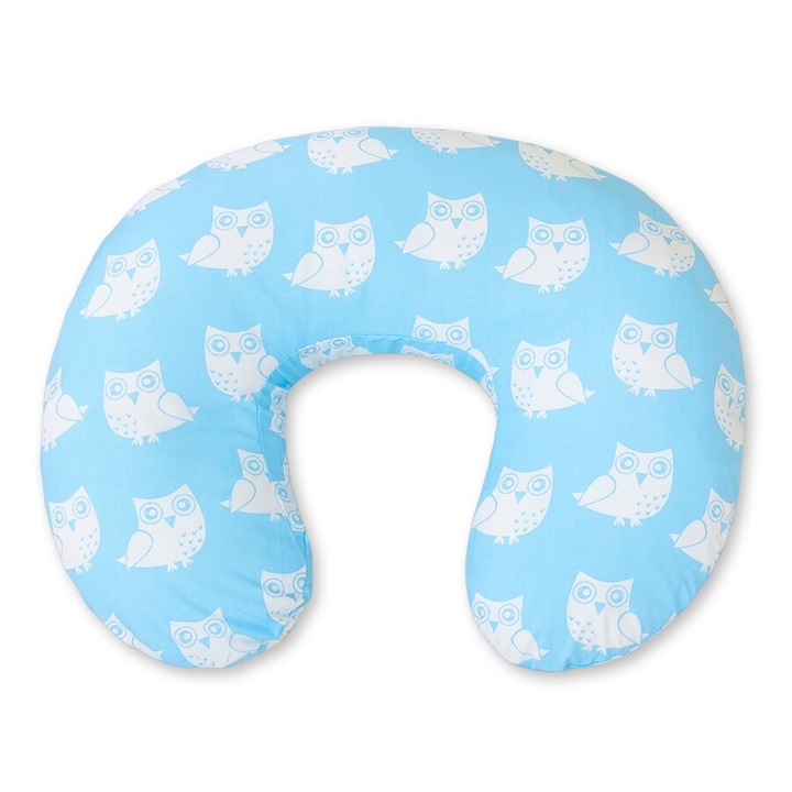 Perna de alaptare Bobono, model fasolka, 61x48cm, material certificat, albastru cu bufnite