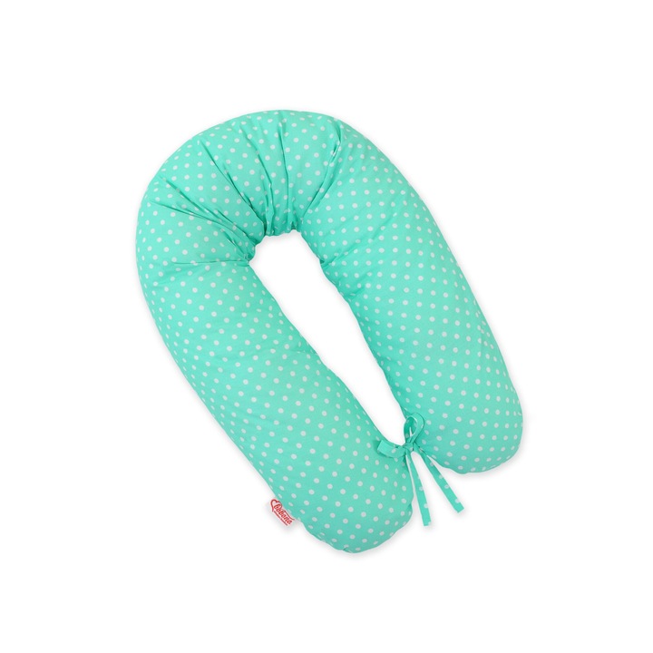 Възглавница за по-дълга бременност Bobono, мултифункционална, 170 см, OekoTex сертифициран памук, бяла на зелени точки