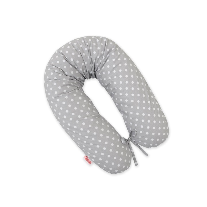 Възглавница за по-дълга бременност Bobono, мултифункционална, 170см, бяла на точки на сив фон