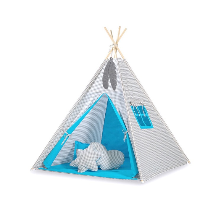 Детска палатка Типи, Bobono, сива с тюркоаз, 150х130 см, комплект от 4 пръта и 2 декоративни пера