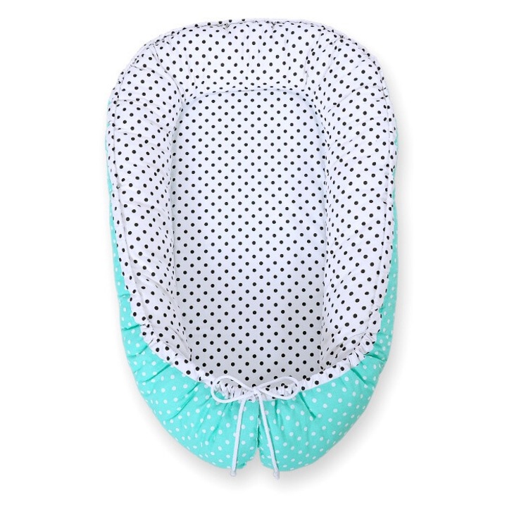 Cocon pentru bebelusi Bobono, 95x55cm, bicolor mint/cern, material certificat Oeko-Tex