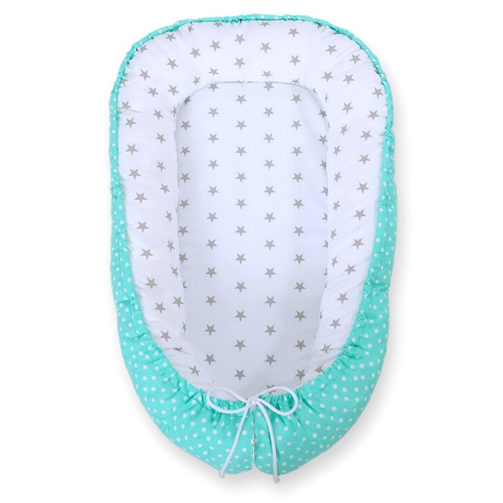 Cocon pentru bebelusi Bobono, 95x55cm, doua fete, gri cu stele/ buline