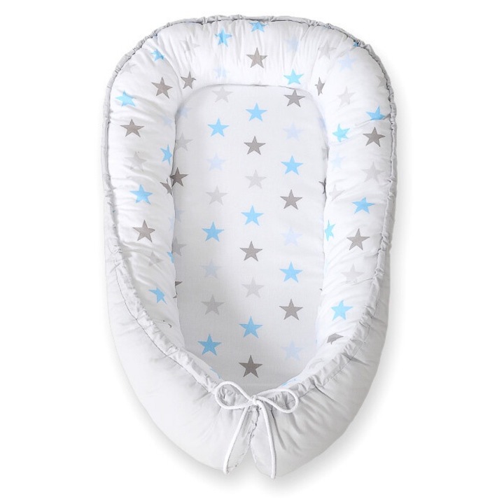 Cocon pentru bebelusi Bobono, 95x55cm, doua fete, certificata Oeko-Tex, culori gri si albastru.