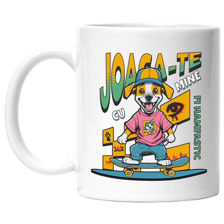 Cana caine cool pe skateboard joaca -te cu mine haios iubitorii de animale, 330ml, Ceramic cu Maner Alb