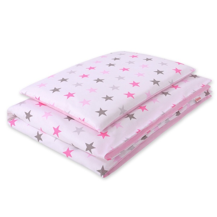 Lenjerie pentru patut copii, Bobono, 2 piese, 100% bumbac, gri-roz, 40x60cm, 135x100cm