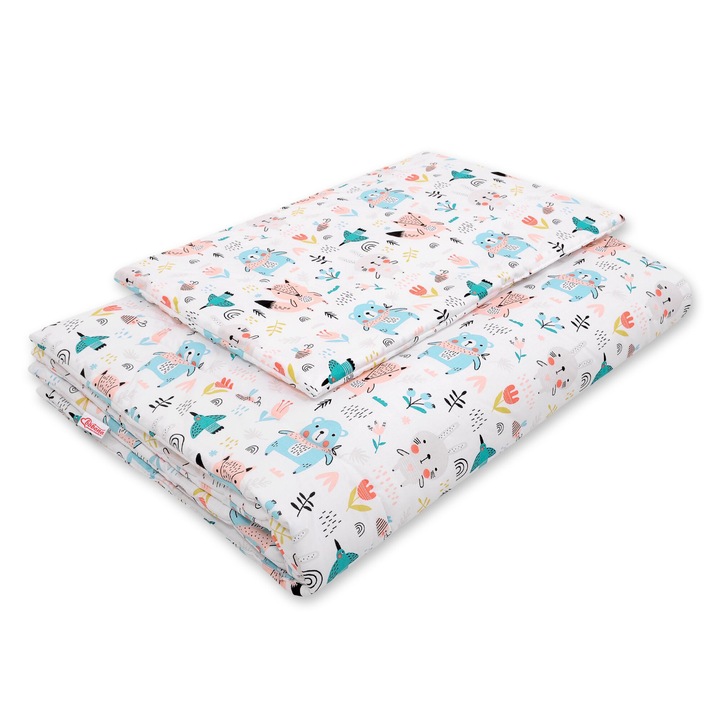 Set lenjerie pentru copii Bobono, 120x90cm, cu umplutura, bumbac, model cu ursi, perna si patura, multicolor