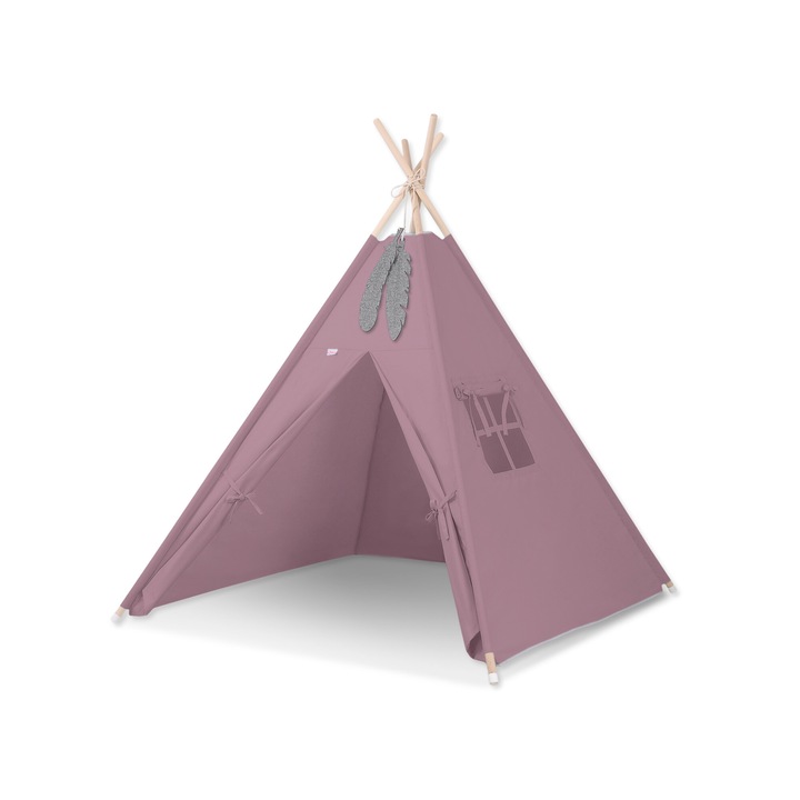 Cort Tipi pentru copii, Bobono, 150x130cm, decoratiuni cu pene, mov