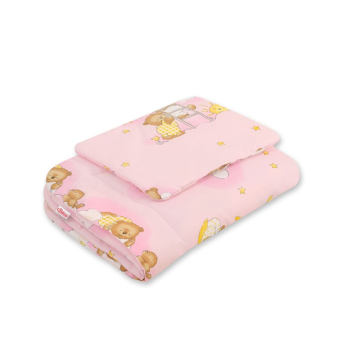 Set lenjerie pentru bebelusi Bobono, 2 piese, 75x100cm, cu umplutura, roz