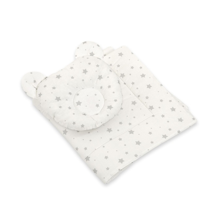 Комплект възглавница/възглавничка за бебета Bobono, 27x25 см и одеяло 77x77 см, сиво с мини звезди