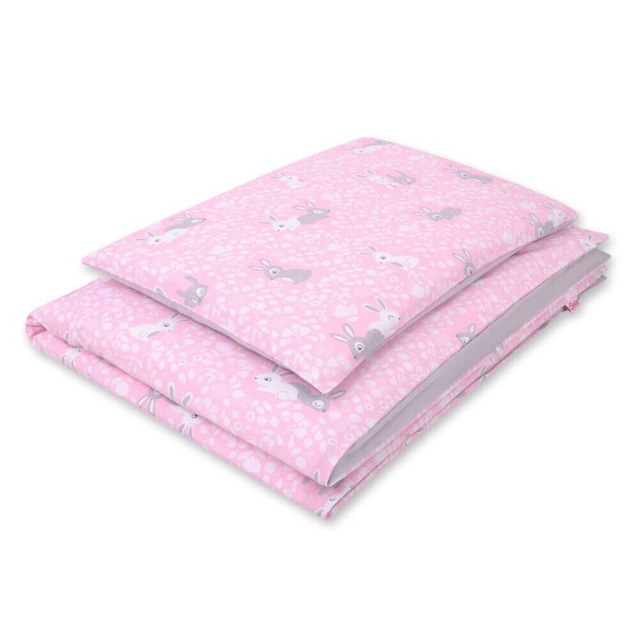 Lenjerie pentru patut copii, Bobono, 2 piese, bumbac, roz/gri, 40x60cm, 135x100cm