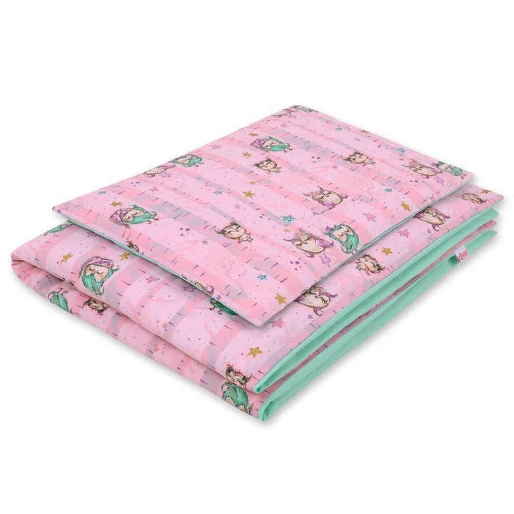 Lenjerie pentru patut Bobono, 2 piese, bumbac, 40x60cm si 135x100cm, verde/roz