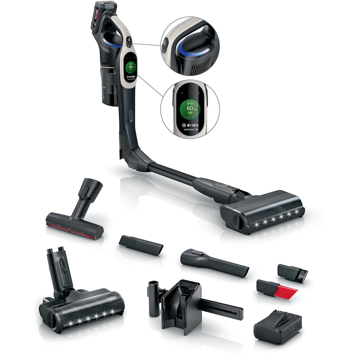 Вертикална прахосмукачка Bosch Unlimited 10 BBS1041GQC, Батерия 4 Ah, 6 режима на почистване, Четка MicroClean, Четка HardFloor, Сензор MicroClean, Време на работа до 80 минути в Еко режим, Graphite