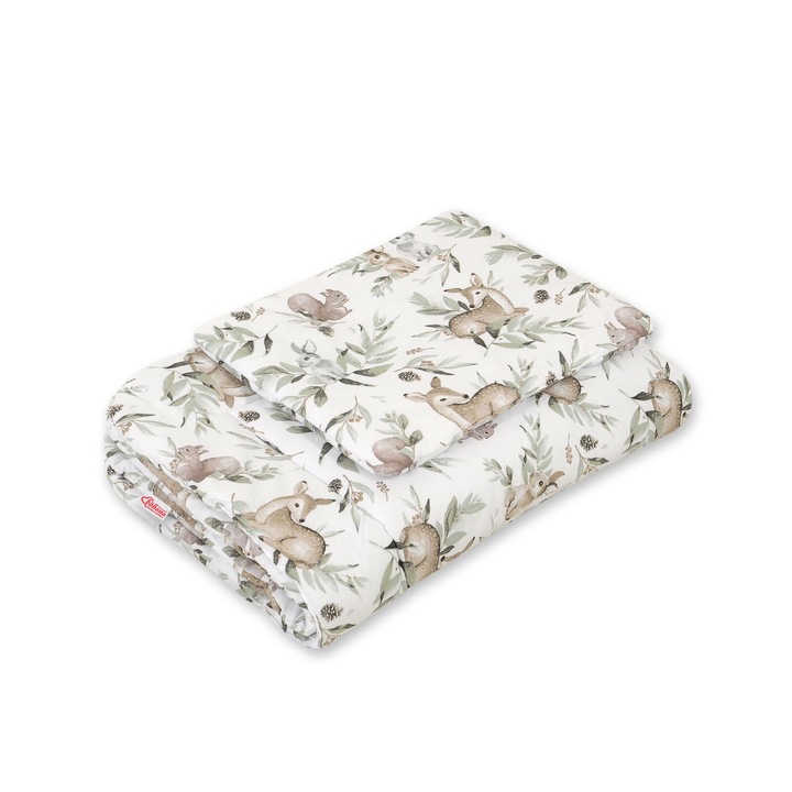 Set lenjerie pat copii, Bobono, 75x100 cm, 100% bumbac, cu umplutura antialergica, multicolor