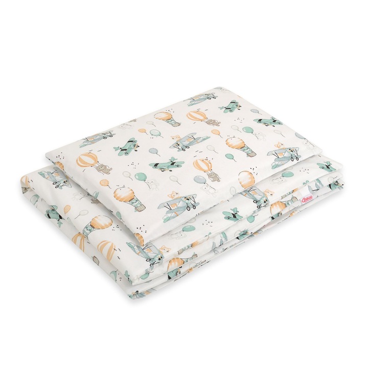 Set lenjerie pat copii, Bobono, 120x90 cm, 100% bumbac, cu umplutura antialergica, multicolor