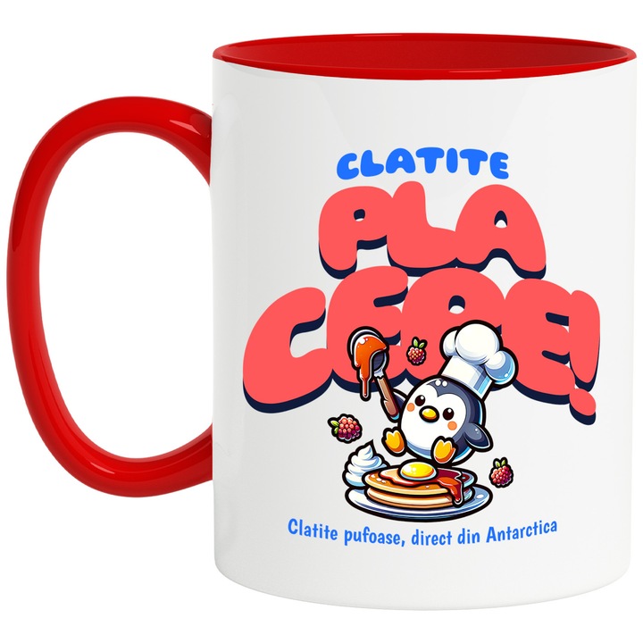 Cana clatite placere pufoase pinguin din atartica, 330ml, Ceramic cu Maner Rosu